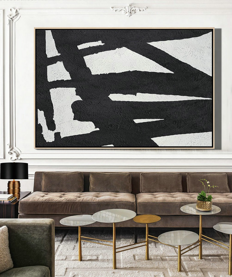 Extra Large Paintings,Hand Painted Oversized Horizontal Minimal Art On Canvas, Black And White Minimalist Painting - Canvas Wall Paintings